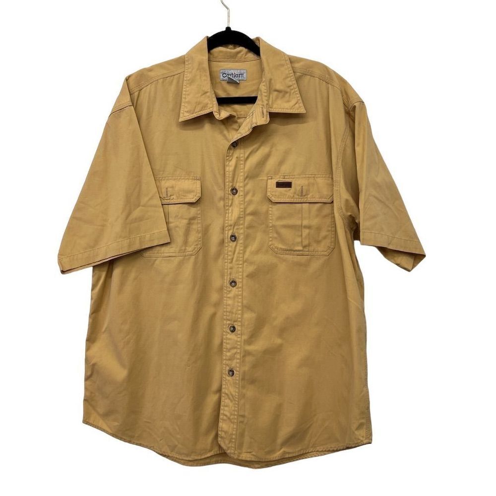 Carhartt Mens Work‎ Shirt XL Yellow Cotton Short Sleeve Button-Up with Pockets